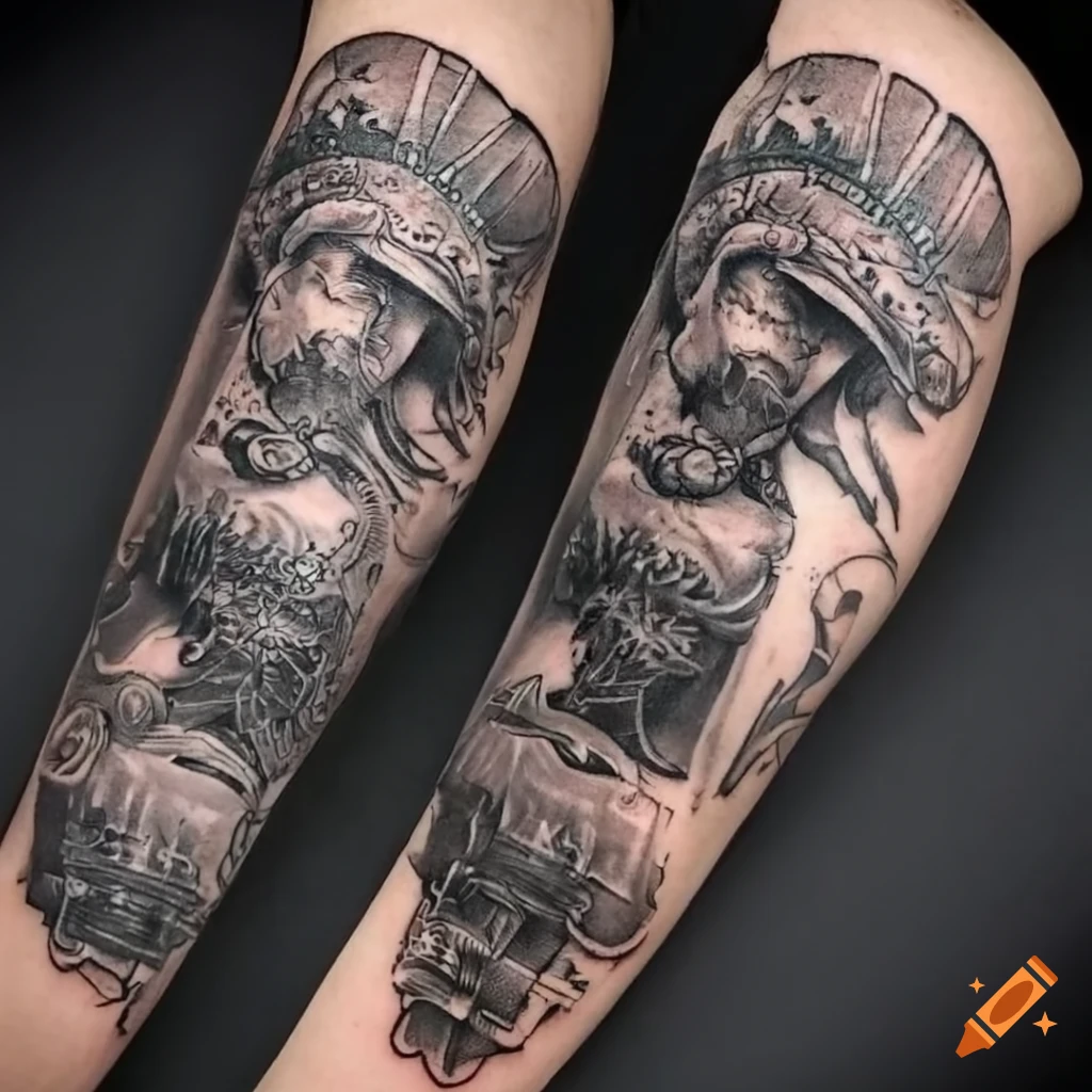 Realistic arm sleeve tattoo with ancient Roman gods like Caesar in lockets