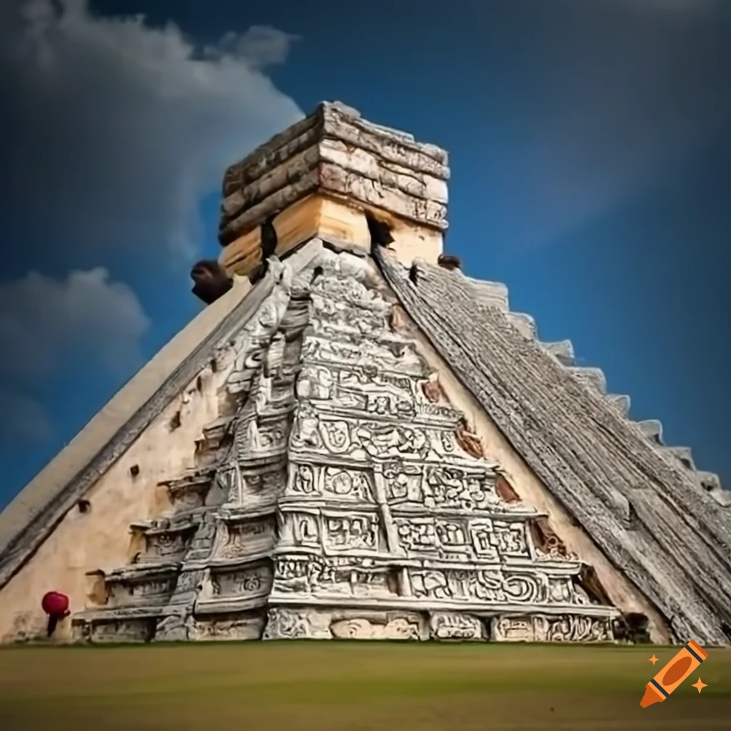 Mayan ruler addressing people atop grand pyramid in historical scene on ...
