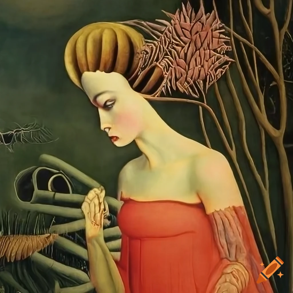 Surrealist painting with women, tree, and Science Fiction elements
