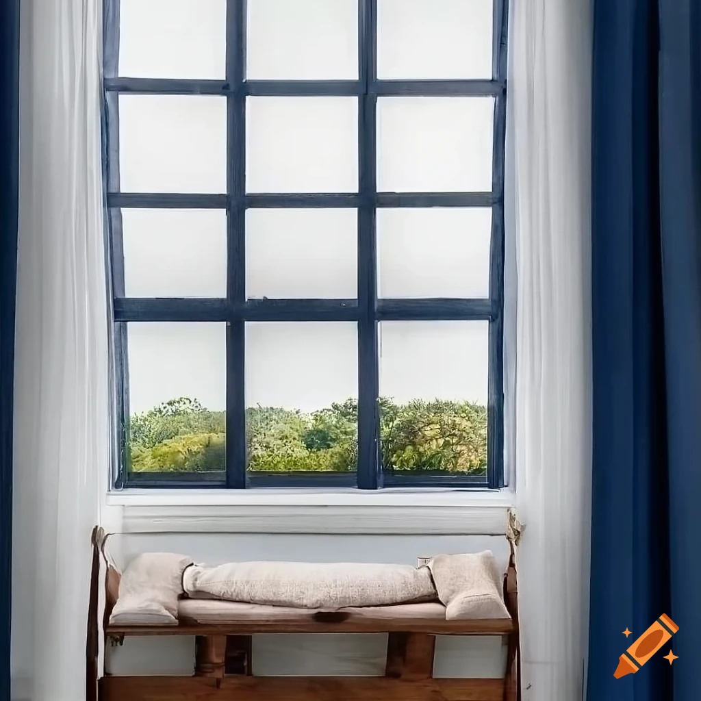 Bench in front of window with navy curtains in coastal farmhouse style