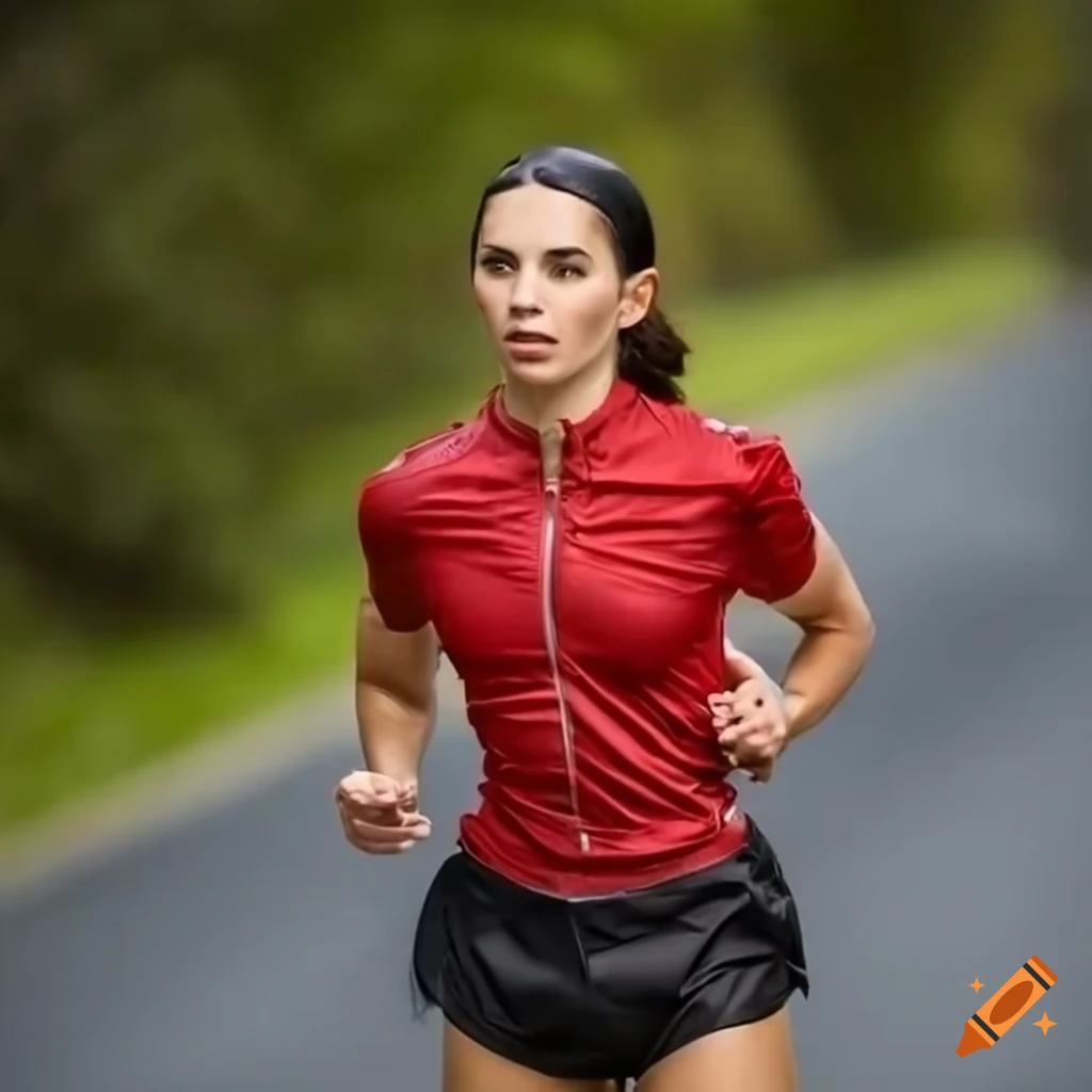 Sporty woman in red shirt and black leather shorts running in vintage Puma Mostro