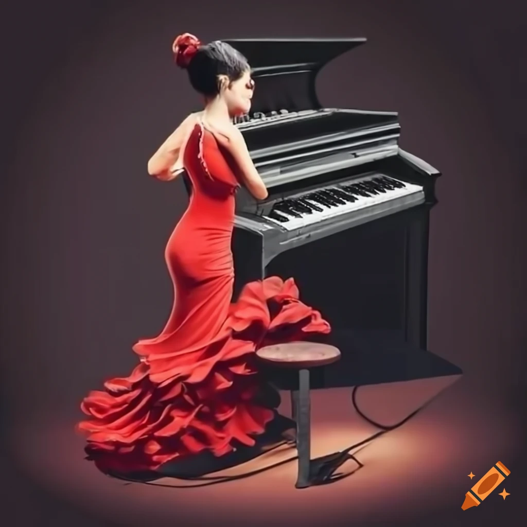 Piano de cola junto a una flamenca cantaora con bata de cola roja