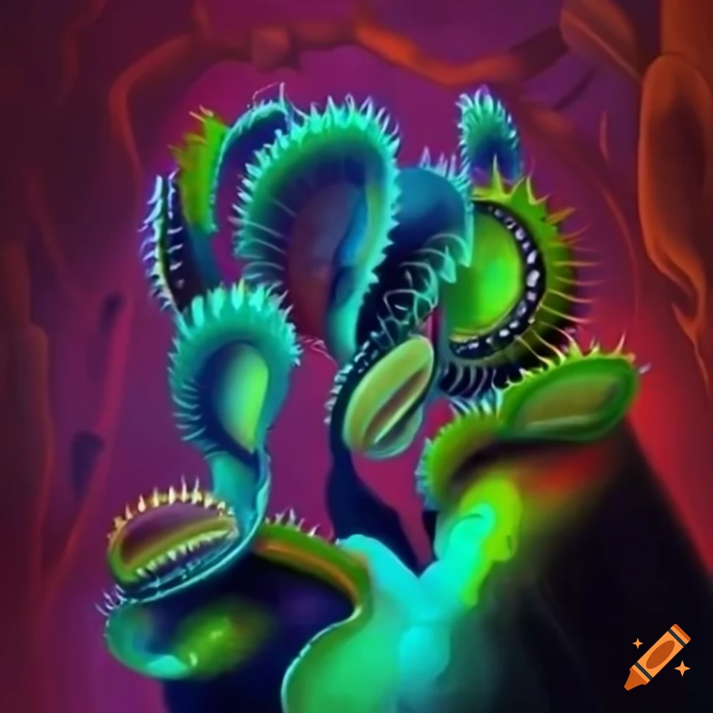 Glowing biopunk Venus flytrap creature in a moss-covered cityscape with cybernetic technology
