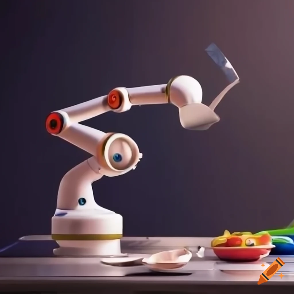 Robotic arm with a spatula at a commercial kitchen grill in Pixar Toy Story style