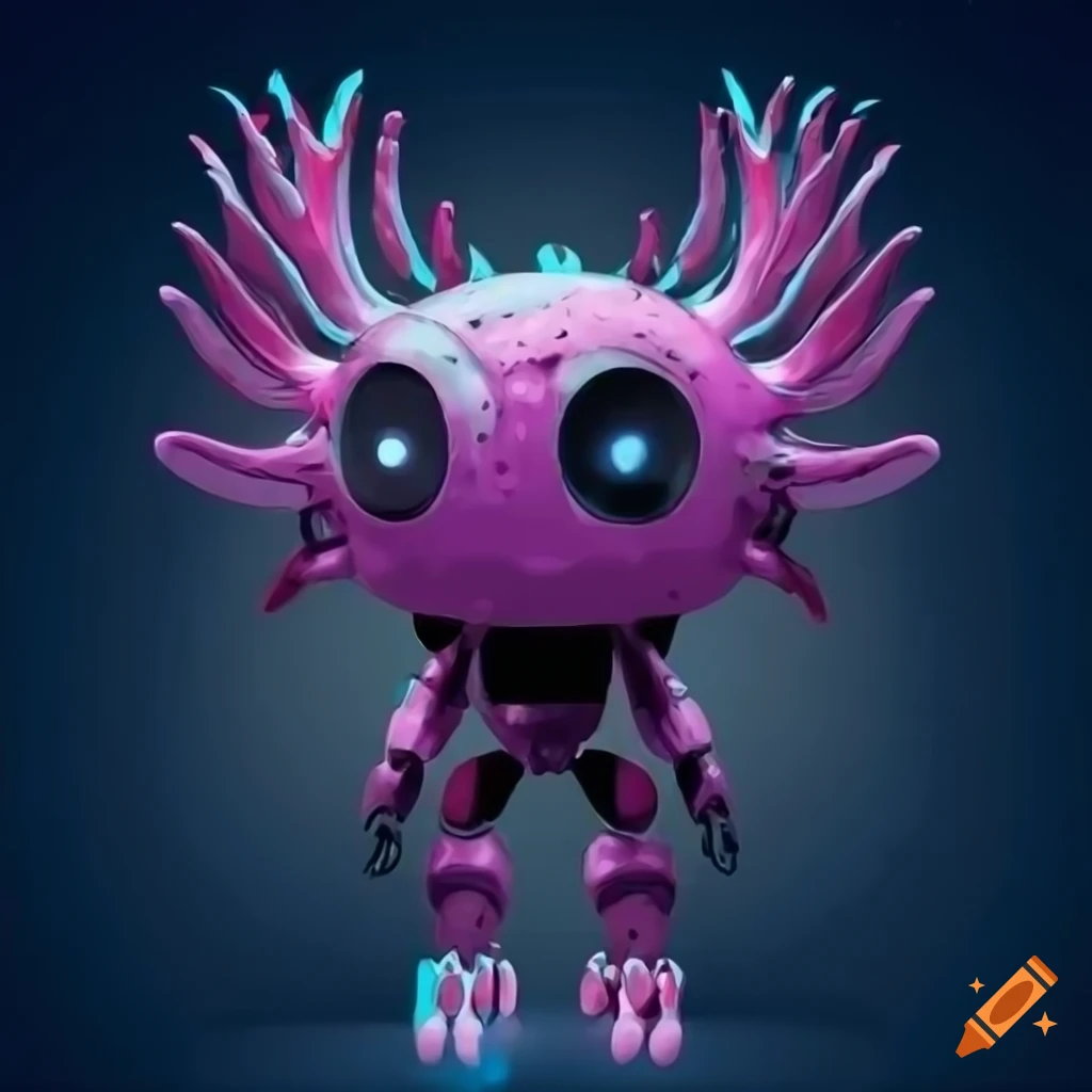 Cutesy robot character with axolotl motif in softly rendered style