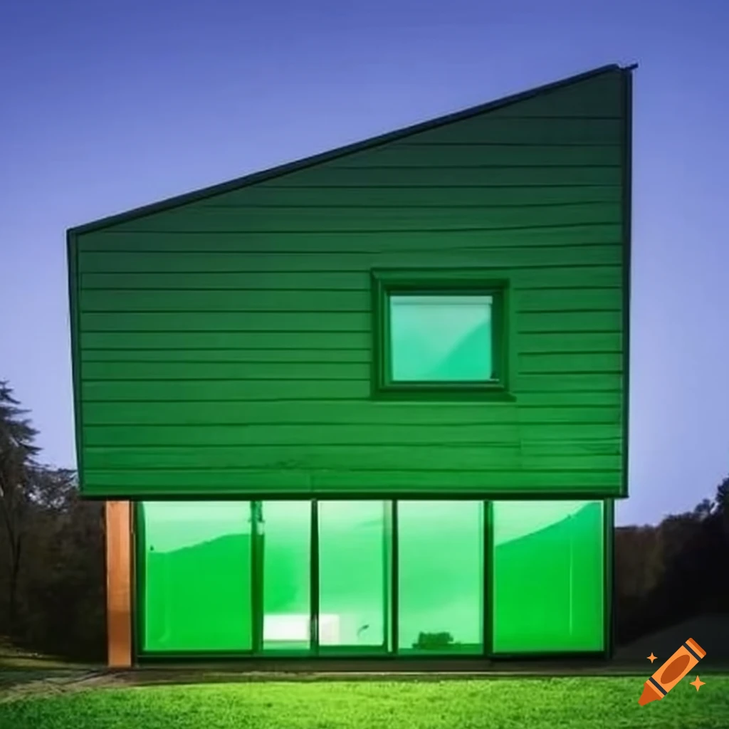 Green cubic house with large rectangular windows