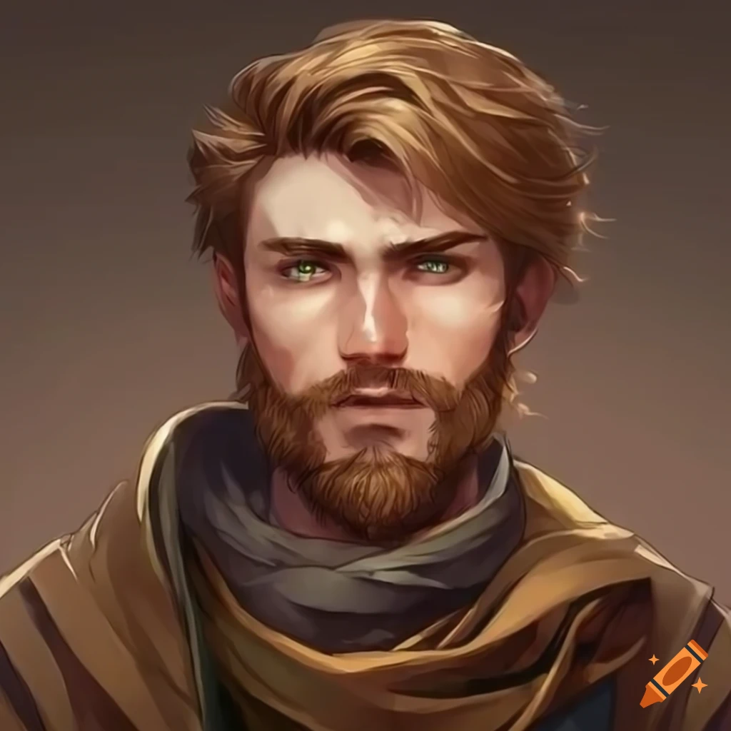 Fantasy adventurer with beige exomis and short brown hair on Craiyon