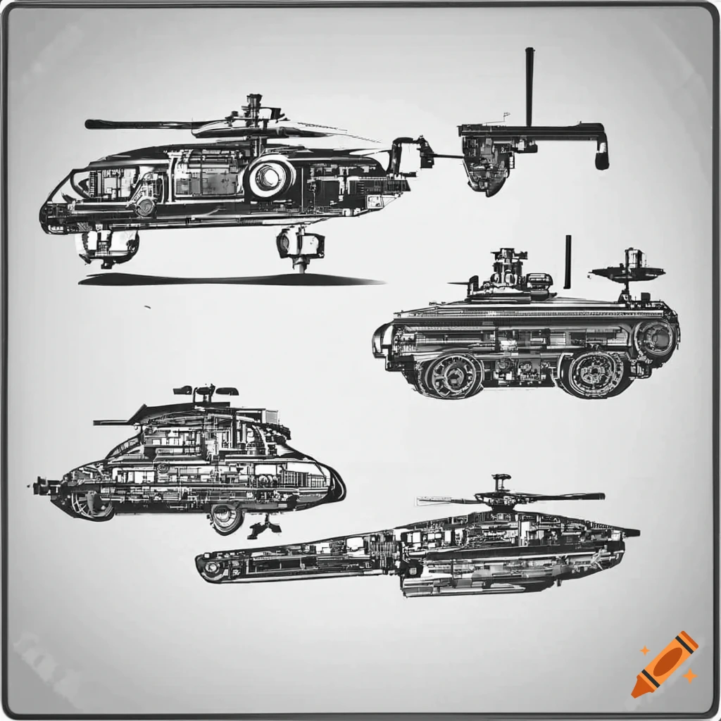 Blueprint of modern military machinery: submarine, helicopter, armored tank