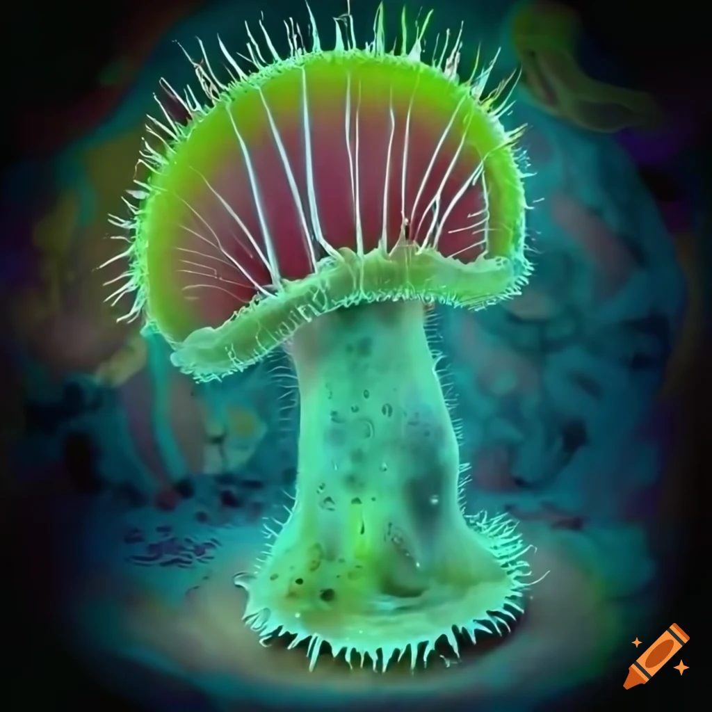 Glowing biopunk Venus flytrap creature in a moss-covered cityscape with cybernetic technology