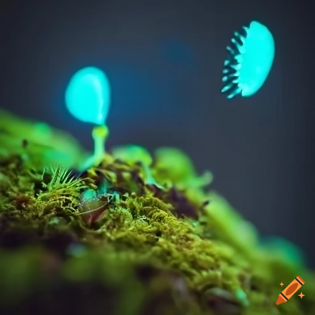 Glowing biopunk Venus flytrap creature in a futuristic cityscape