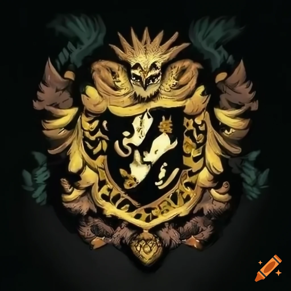 Owl-mouth house crest inspired by Hufflepuff with owl as main animal and brown-black colors