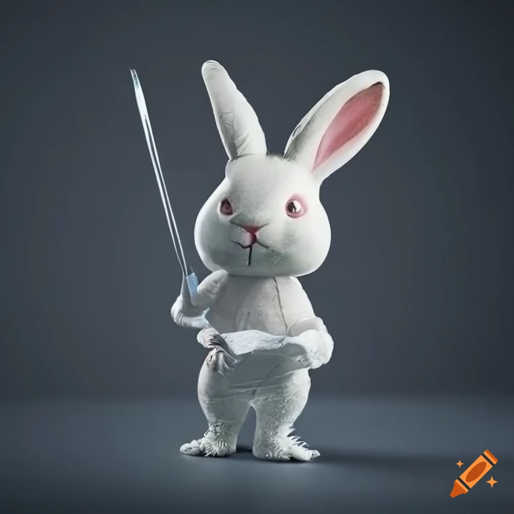 Easter bunnies fencing with epees in a modern setting
