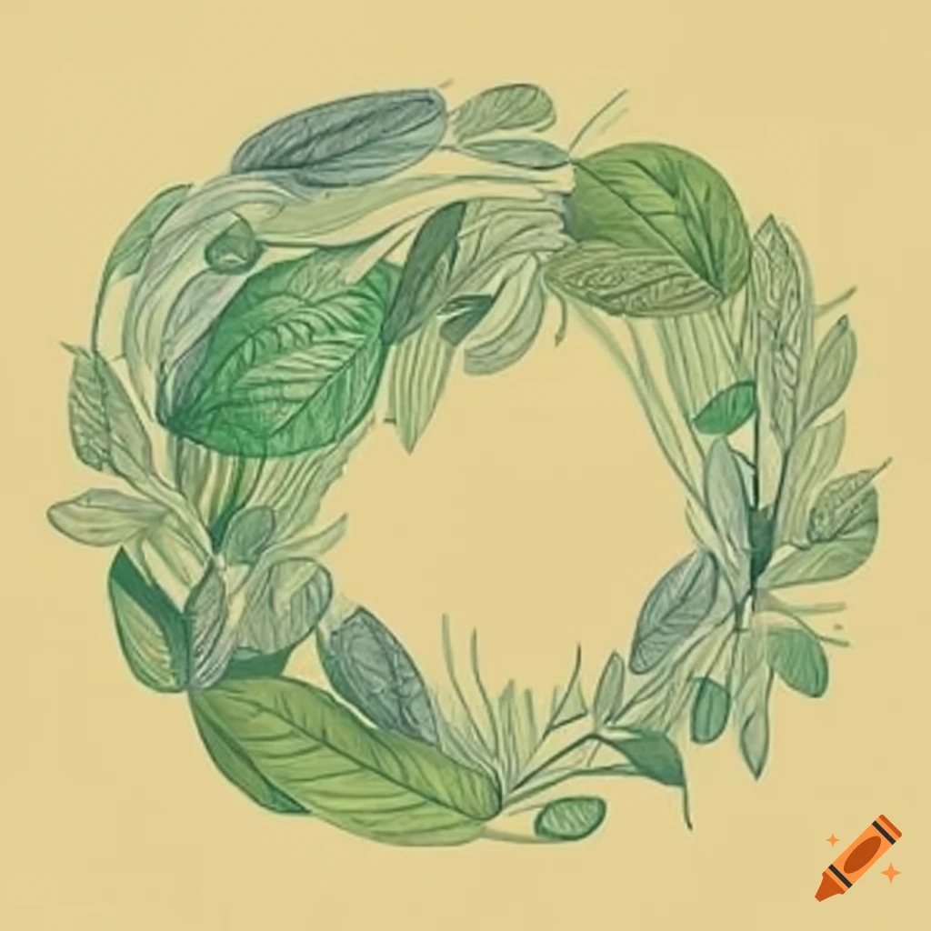 Circle of olive green and yellow leaves on a white background