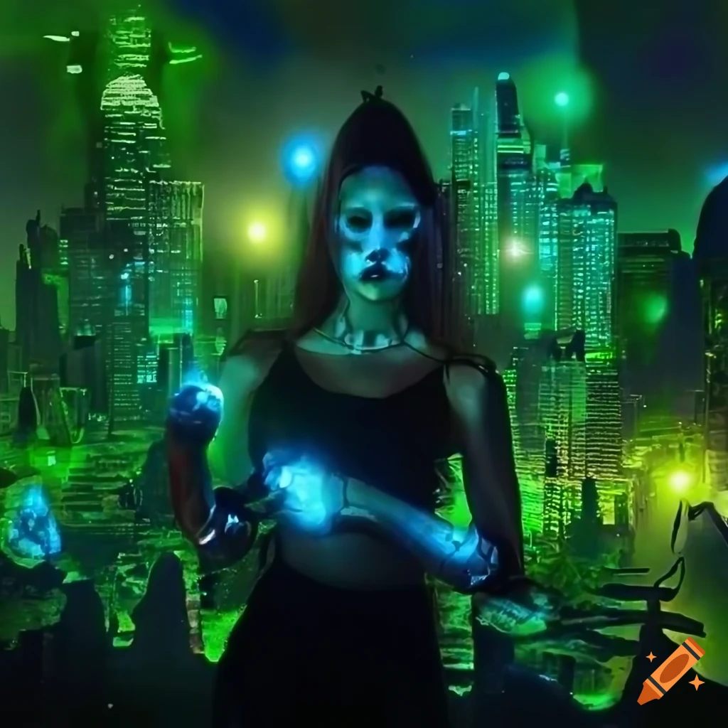 Glowing biopunk cityscape with green moss, plants, mushrooms, and cyborg goddesses