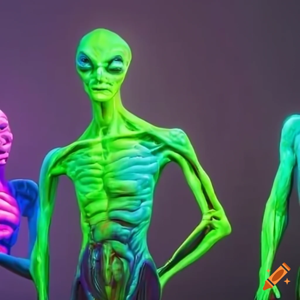 Group of glowing fluorescent alien ghosts with detailed muscular ...