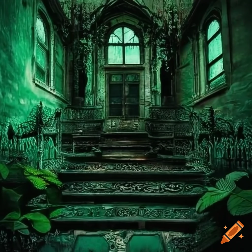Spooky gothic mansion surrounded by mystical green foliage and red roses