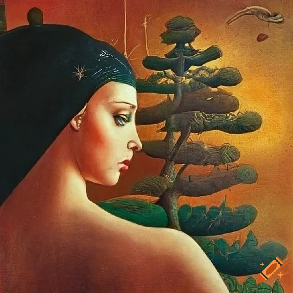 Surrealist painting with women, tree, and Science Fiction elements