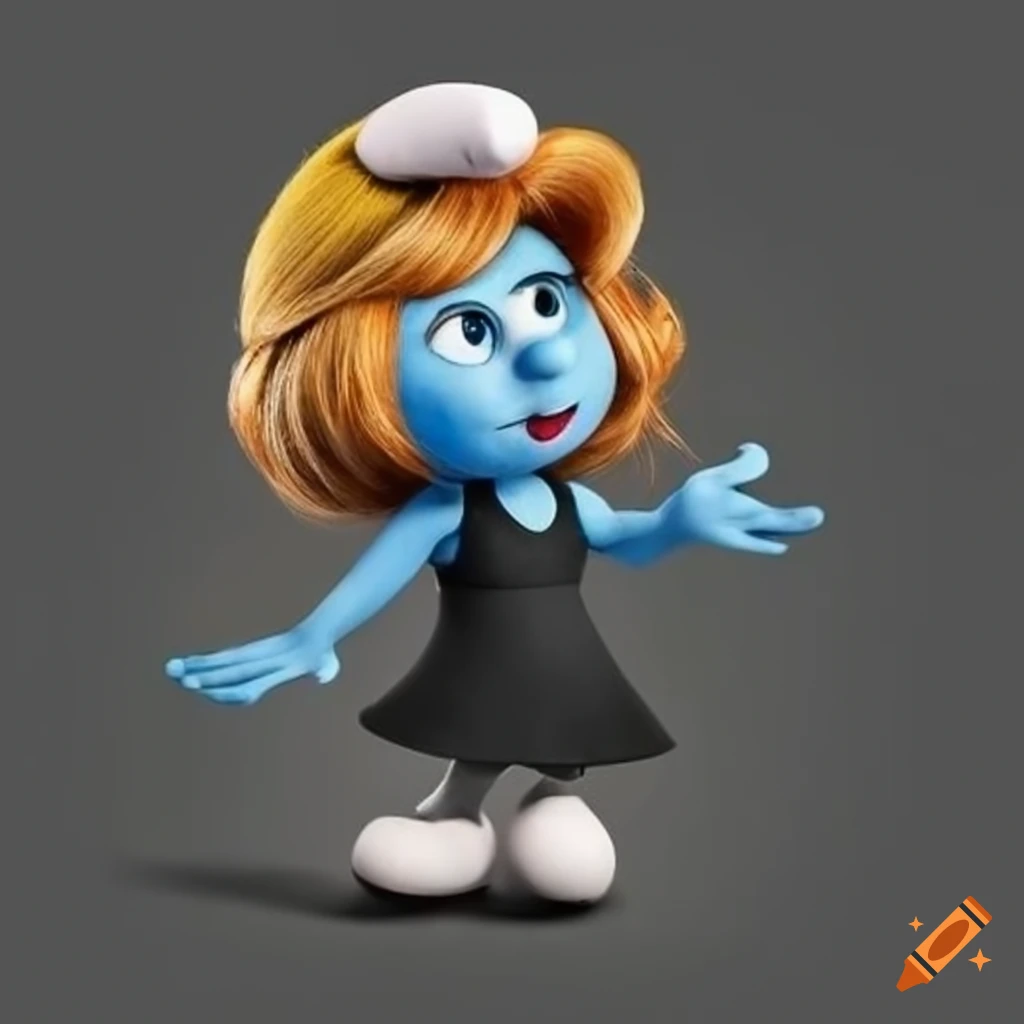 Smurfette with brown hair and black pants and white cap