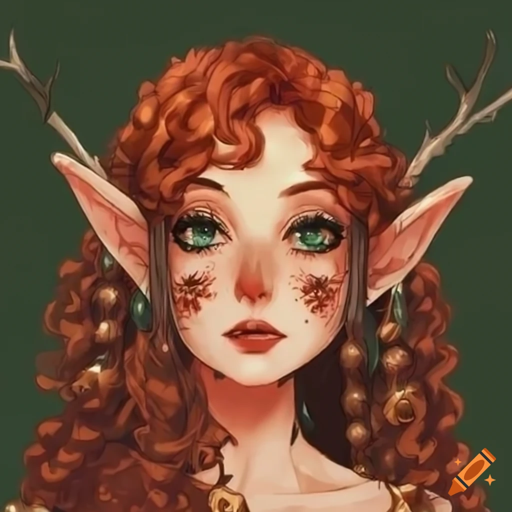Retro anime elf druid with red-brown hair, freckles, and grey eyes