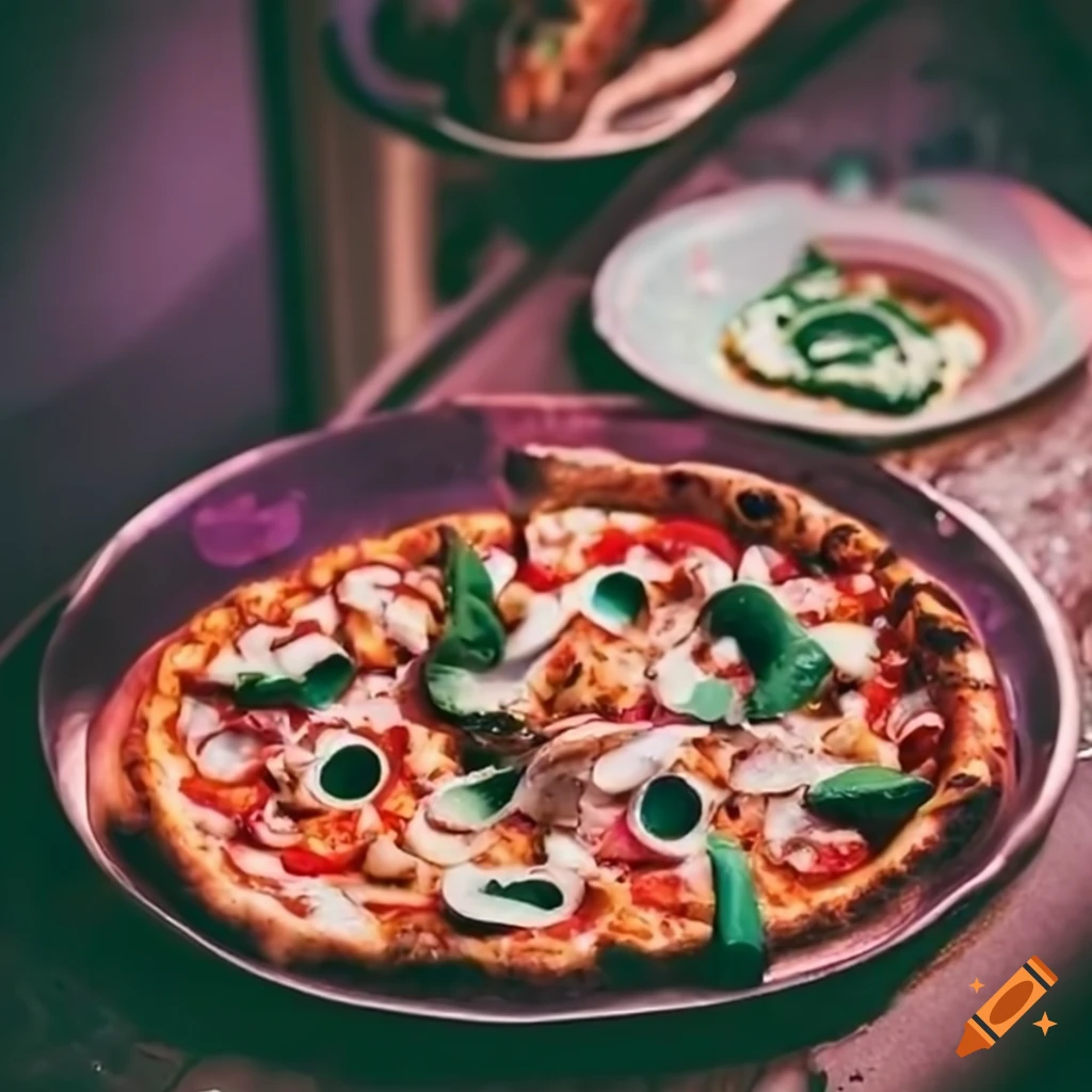 Vibrant pizza food truck in picturesque street with fresh vegetables