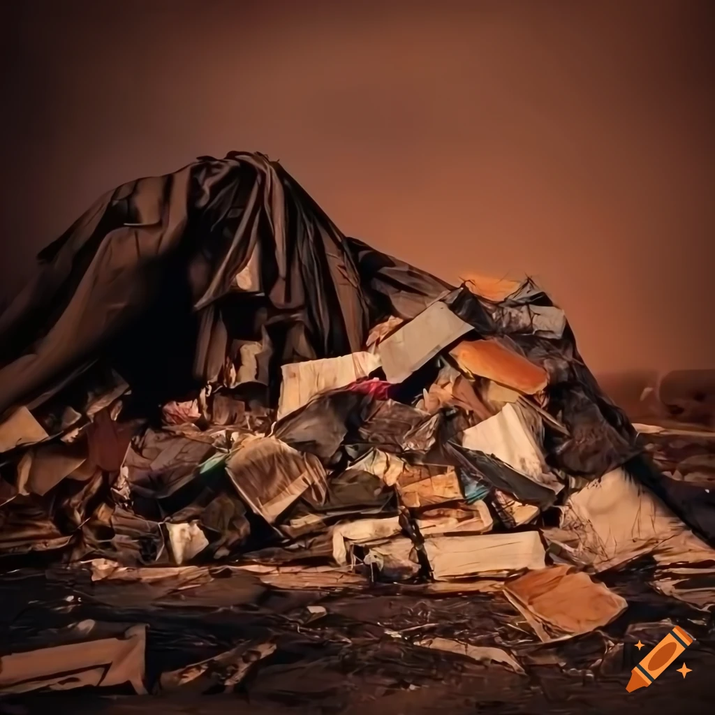 Pile of junk garbage covered with a drapery in a dramatic destroyed landscape