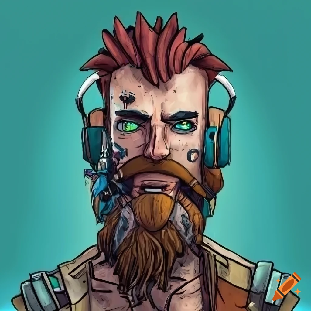 Rugged man with headset and beard in borderlands art style on craiyon