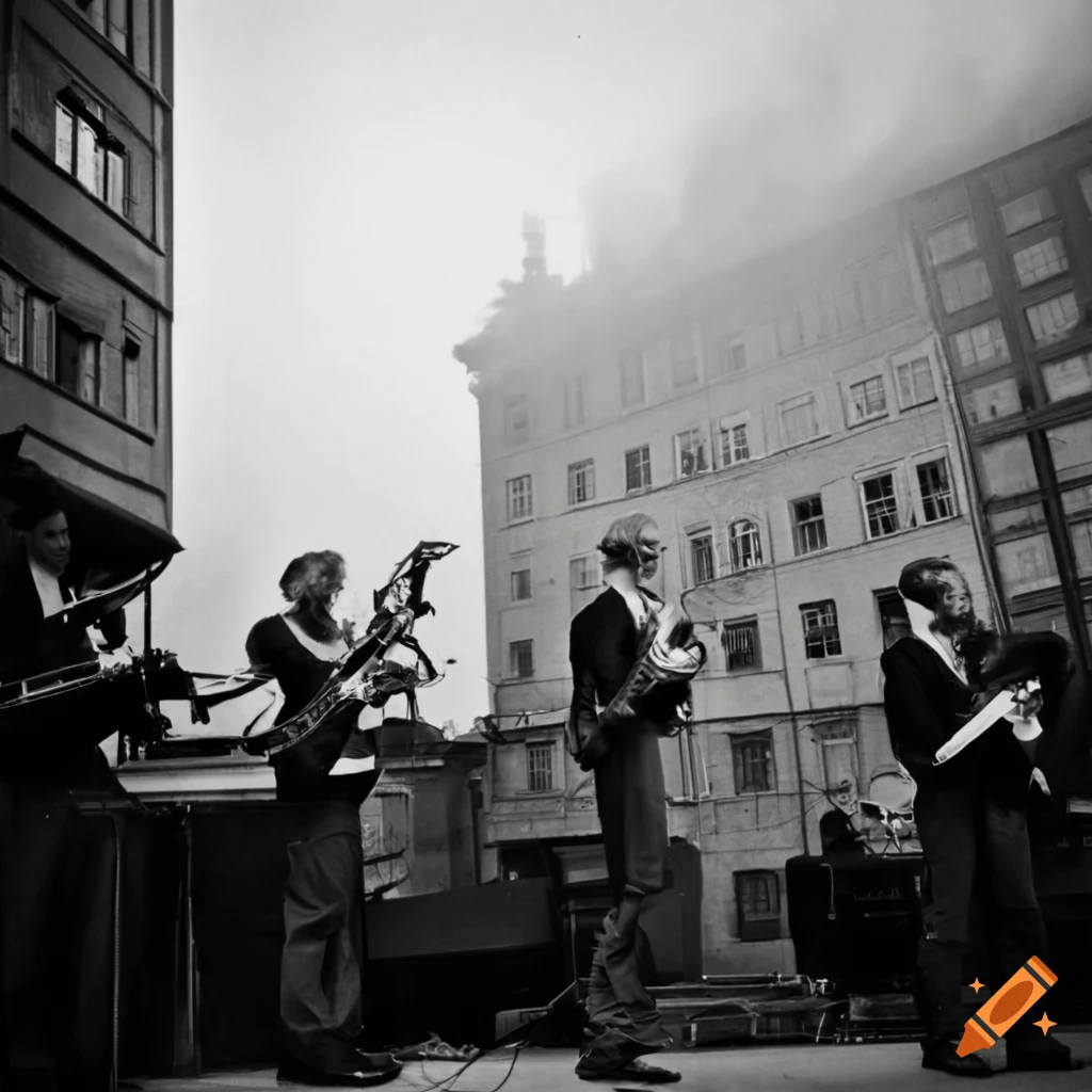 Music band performing in Klarakvarteren, Stockholm with smoke and buildings in the background