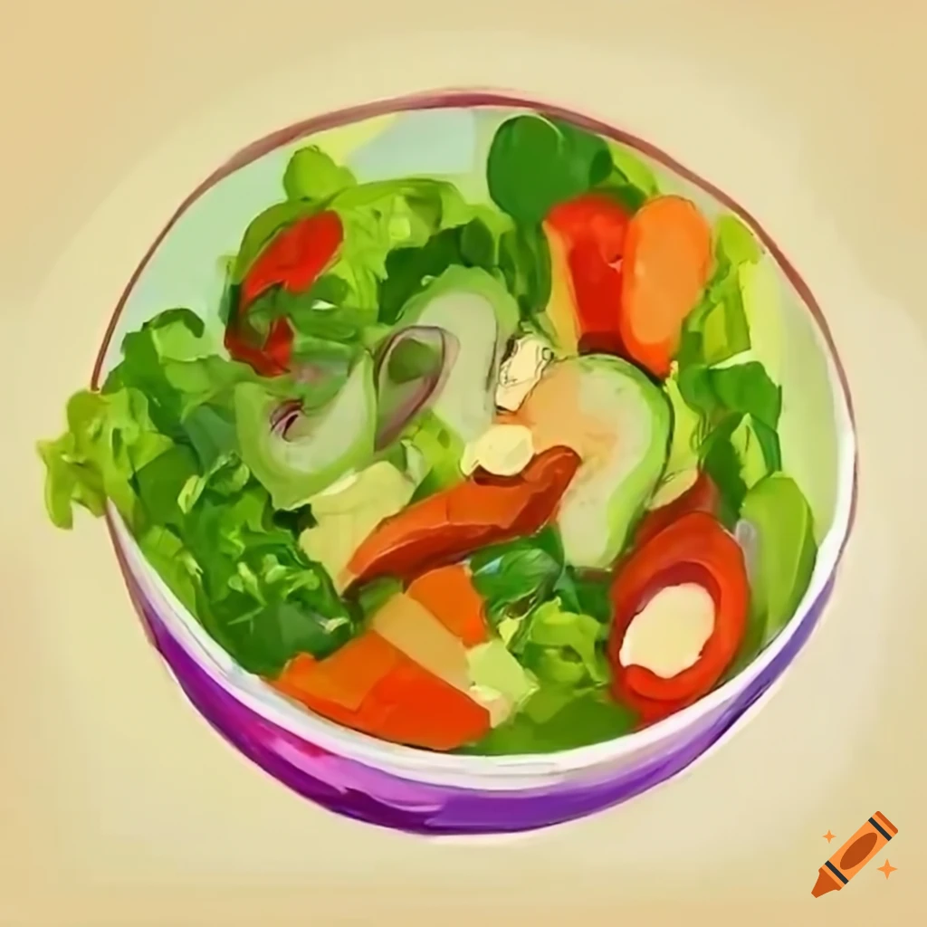 Bowl of colorful salad in Ghibli style from top view