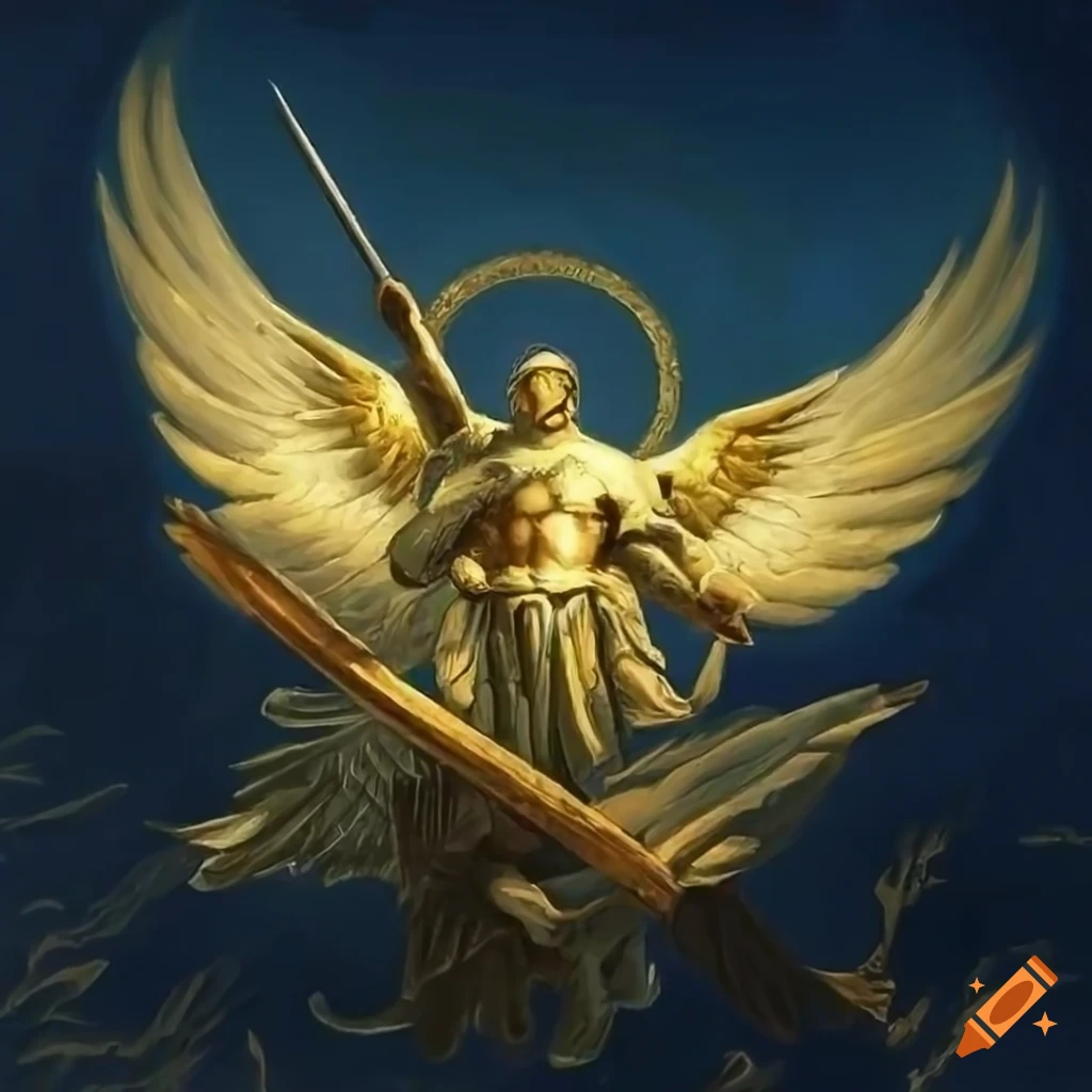 Archangel Michael in golden armor with wings spread in the sky in the ...