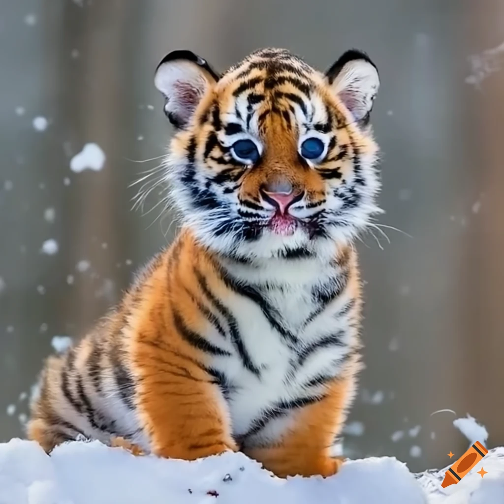 Cute tiger cub sitting in the snow