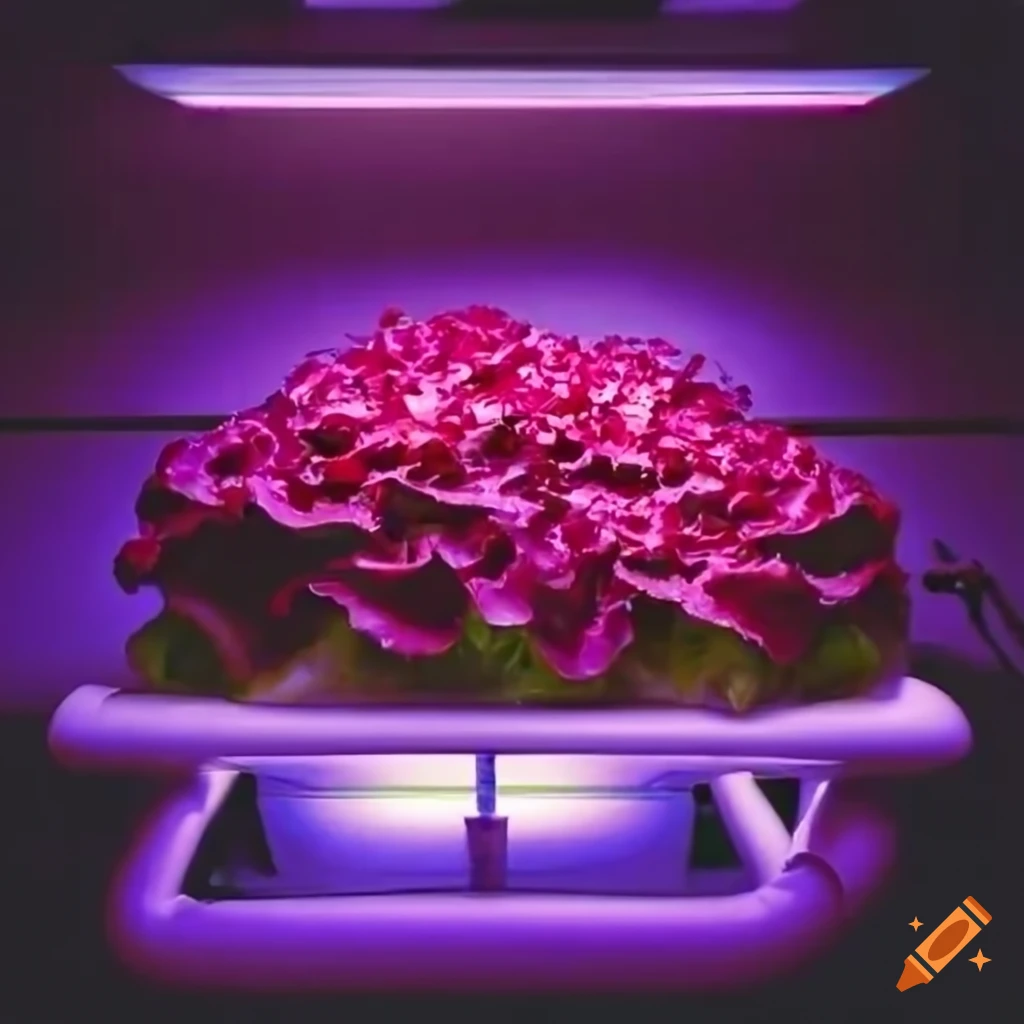 Thriving red lettuce in a hydroponic system under UV lamps