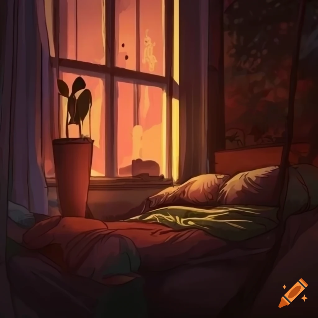 Cozy bedroom with plants at night looking out a rainy window in lofi