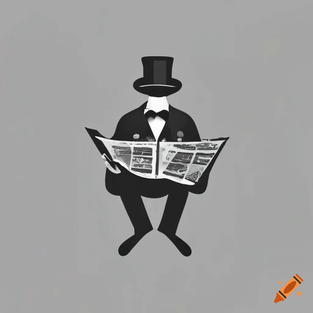 Gentleman with top hat and bowtie reading a newspaper in a minimalistic black and white style