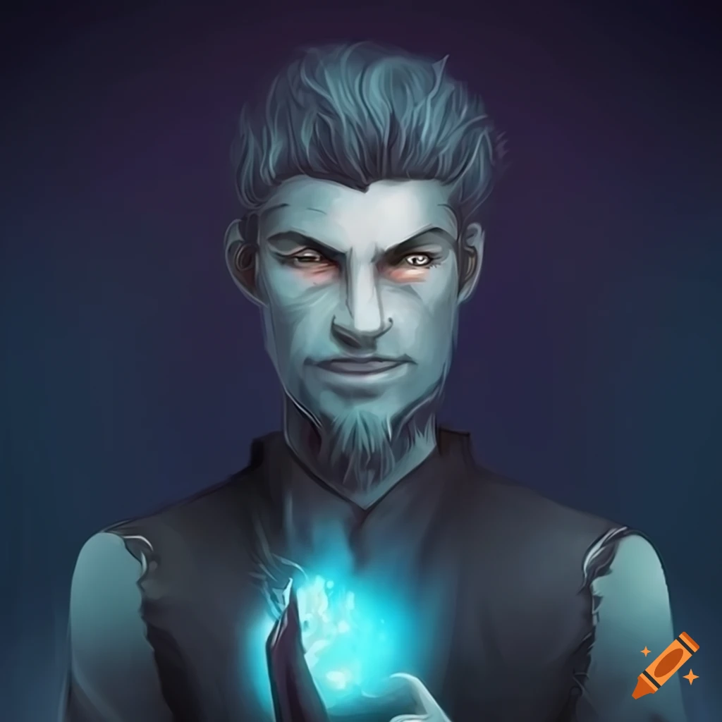 Illustration of a stylish male sorcerer with silver skin and unique features