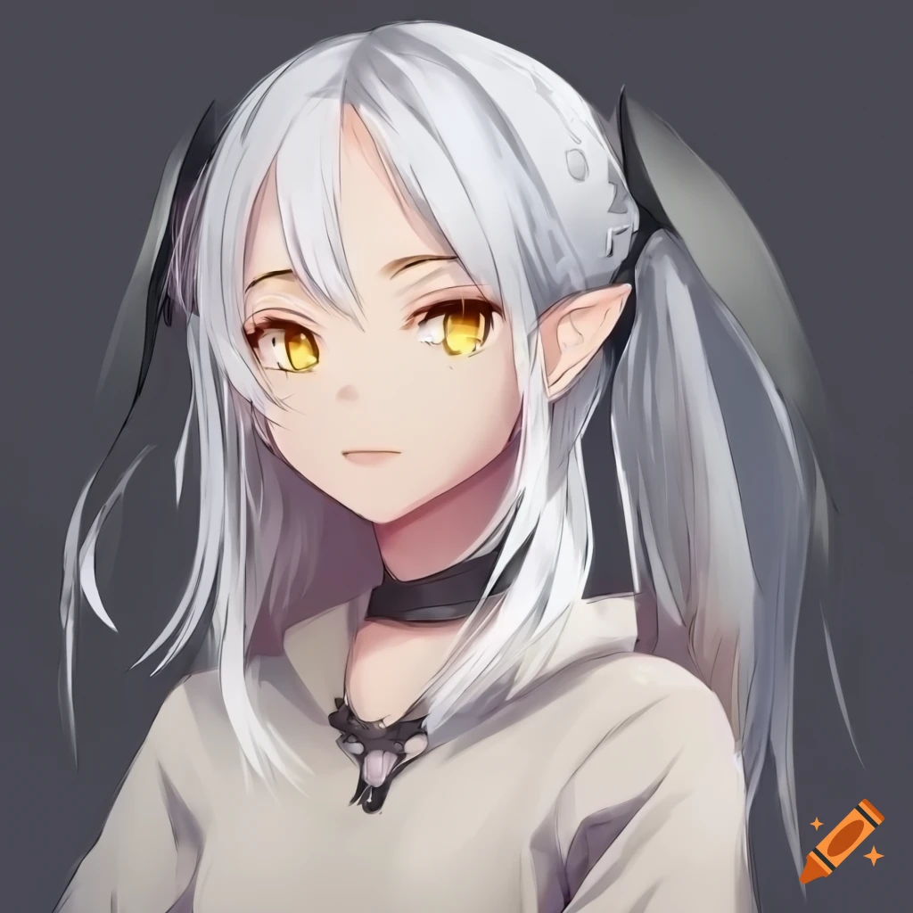 Anime girl with white hair, golden eyes, and elf ears in casual modern ...