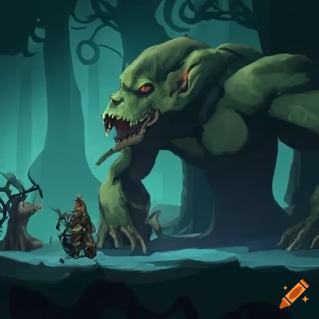 UI game design of a dungeon with vines and a monster for Monster Forge Legends