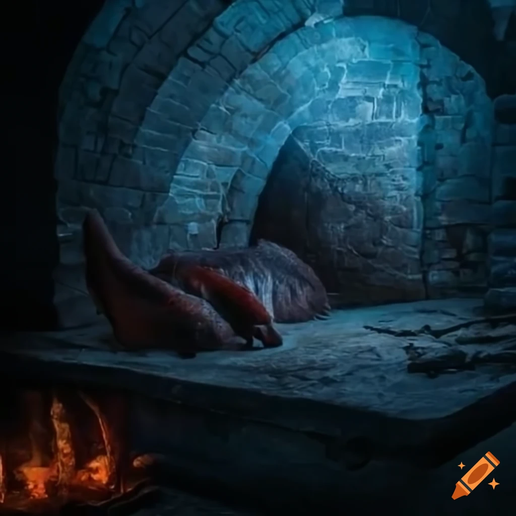 A majestic sleeping dragon in a dungeon