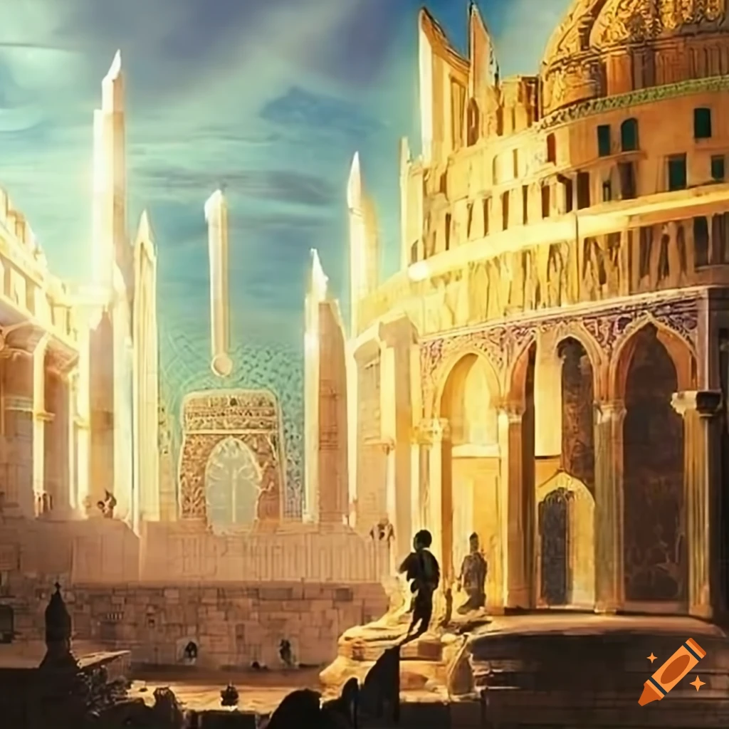 Glorious depiction of golden new jerusalem descending on clouds with