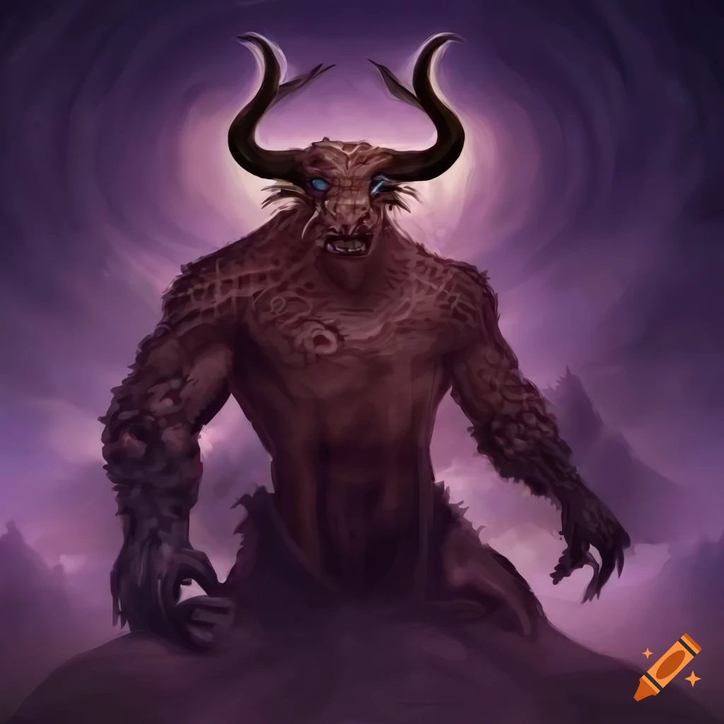 Mythical creature with man's body and bull horns in a mystical labyrinth