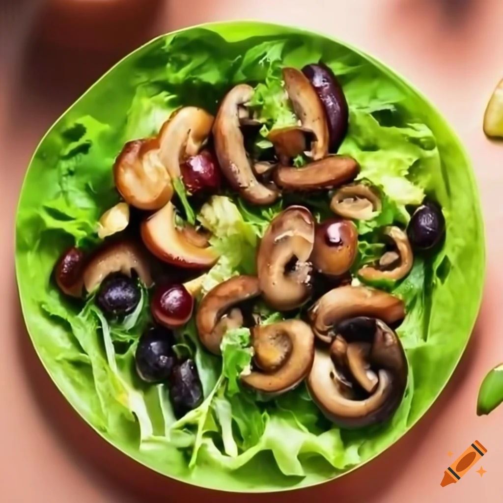Green salad with mushrooms and olives as toppings