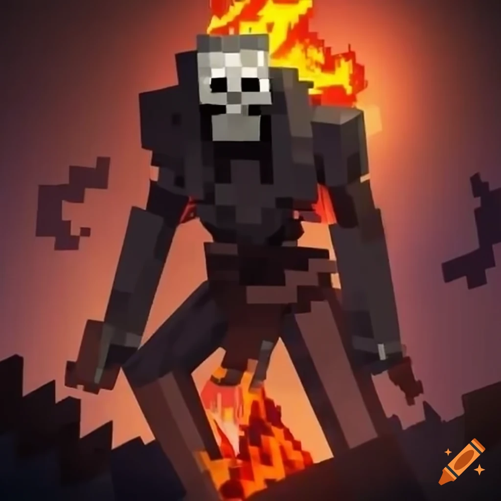 Minecraft mutant wither skeleton king with fiery swords on Craiyon
