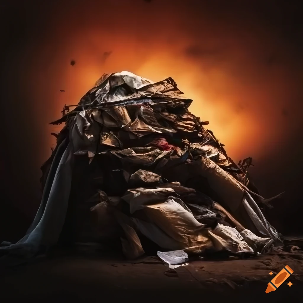 Pile of junk garbage covered with drapery in a dramatic destroyed landscape