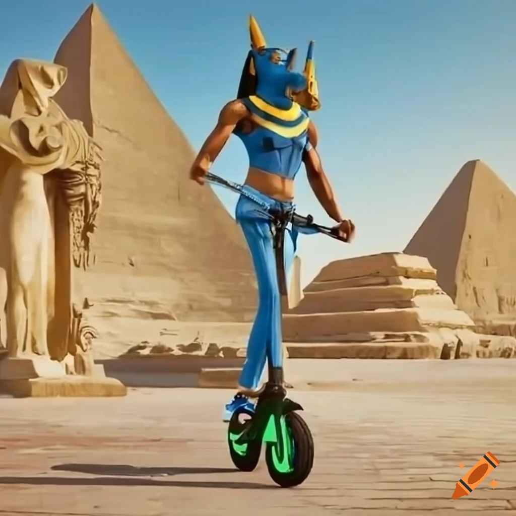 Anubis riding an electric scooter in an egyptian park on Craiyon