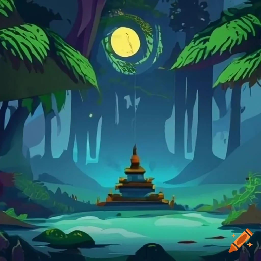 Temple hidden in a deep jungle at night on Craiyon