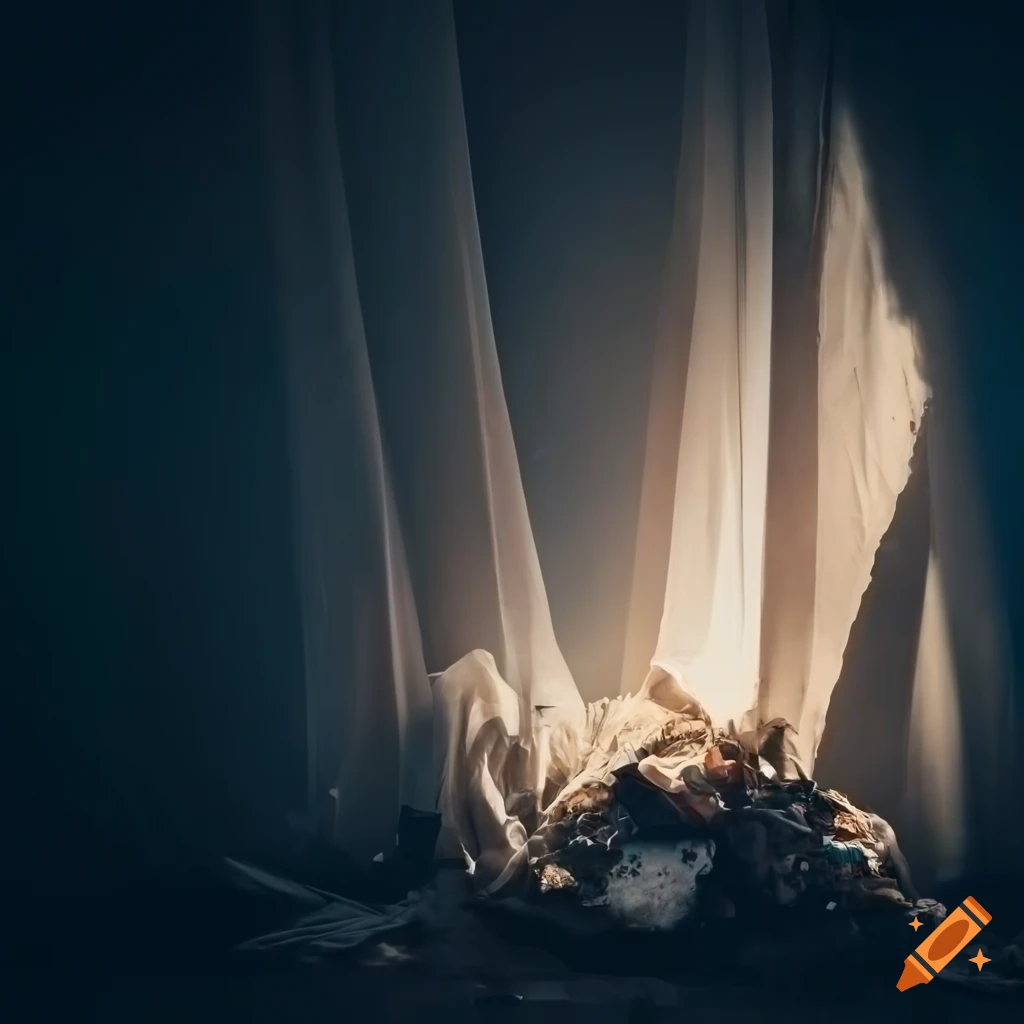 Pile of junk garbage covered with white drapery in a dramatic landscape