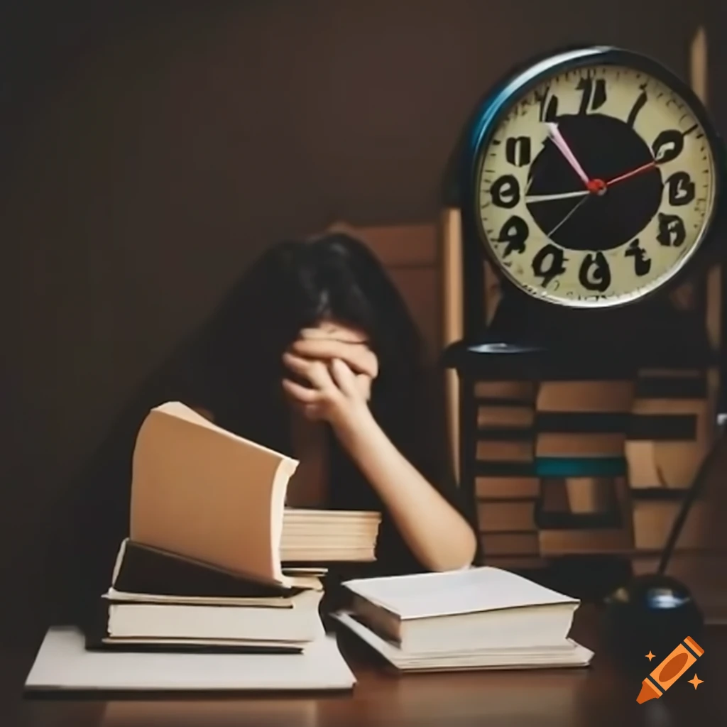 Anxious student surrounded by books, empty coffee cup, and junk food at 3:00 AM