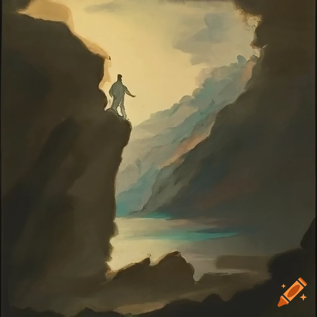 Solitary figure sitting on a cliff edge overlooking turbulent waters on ...