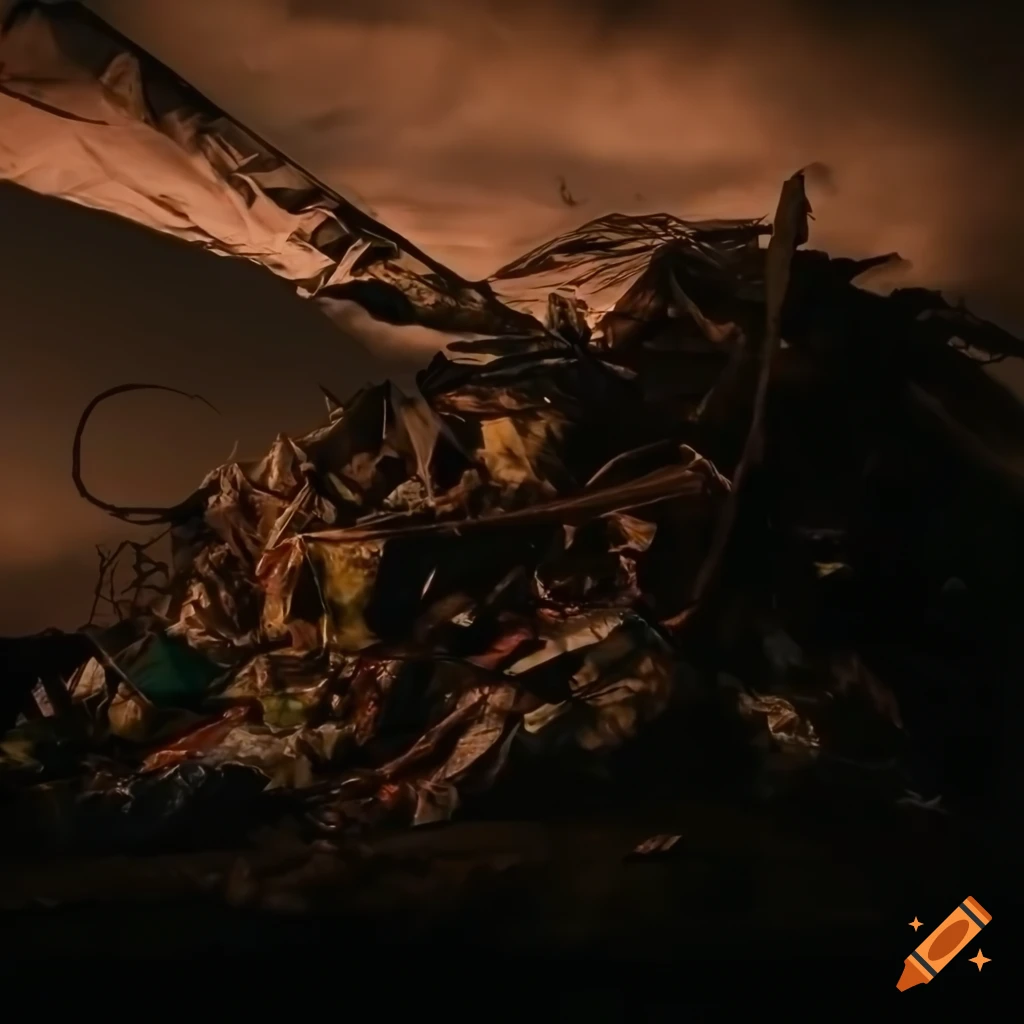 Pile of junk garbage covered with a drapery in a dramatic destroyed landscape