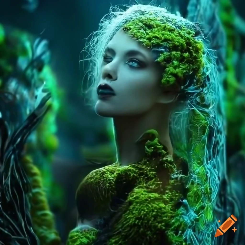 Glowing biopunk cityscape with moss, plants, mushrooms, crystals, and cyborg goddesses