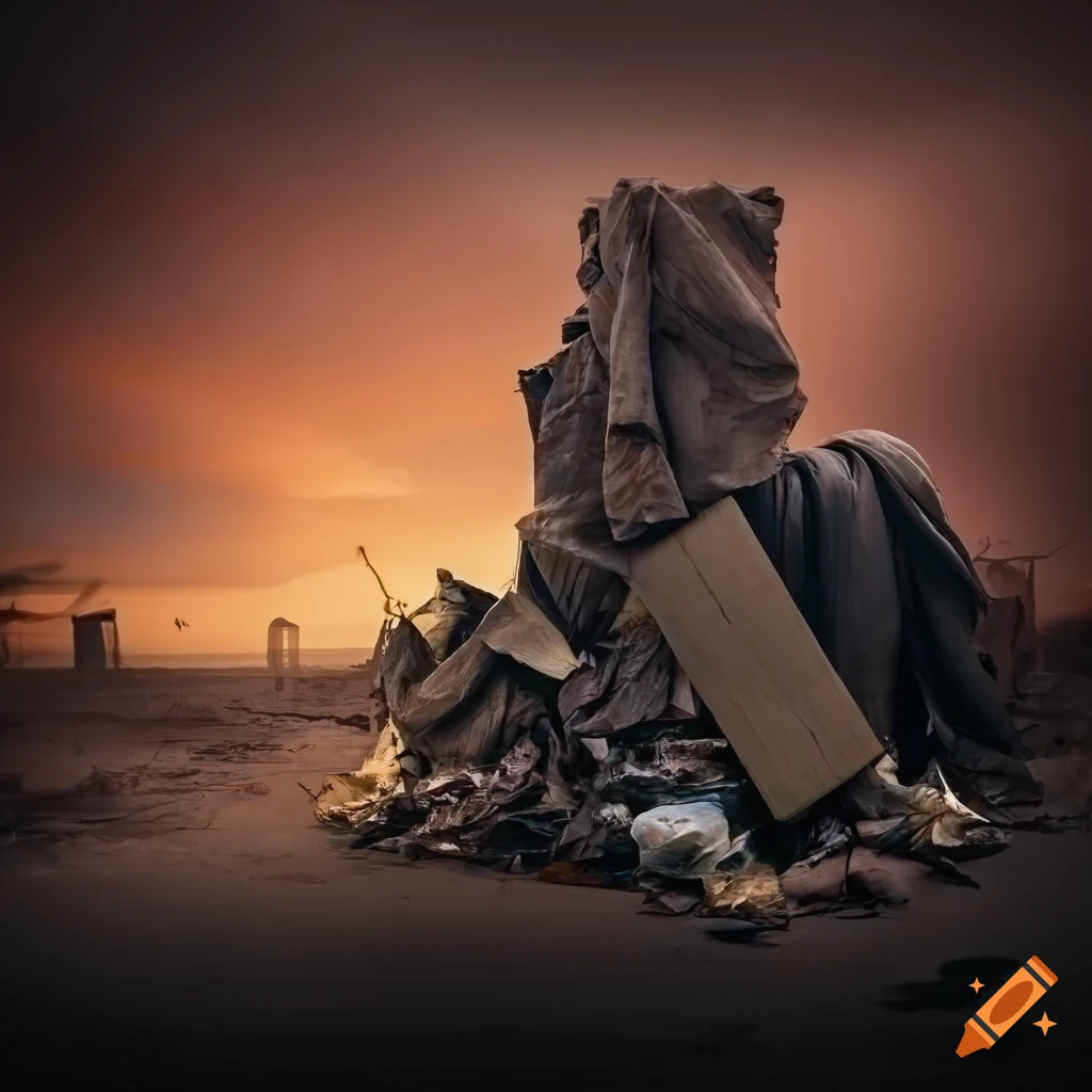 Pile of junk garbage covered with a drapery in a destroyed landscape